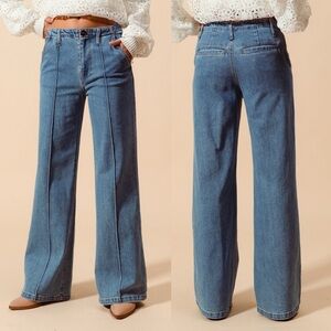 Washed mid rise seamed straight leg boot denim boho bohemian pants jeans